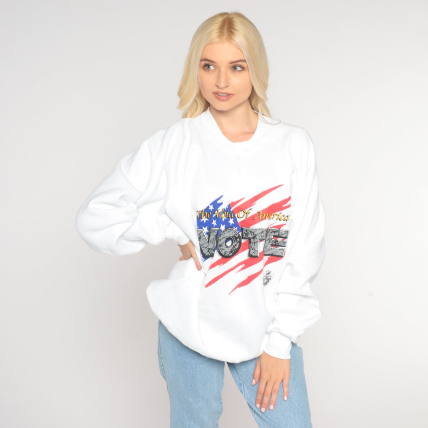 90s Voice of America Vote Sweatshirt Raglan Graphic Crewneck Extra Large
