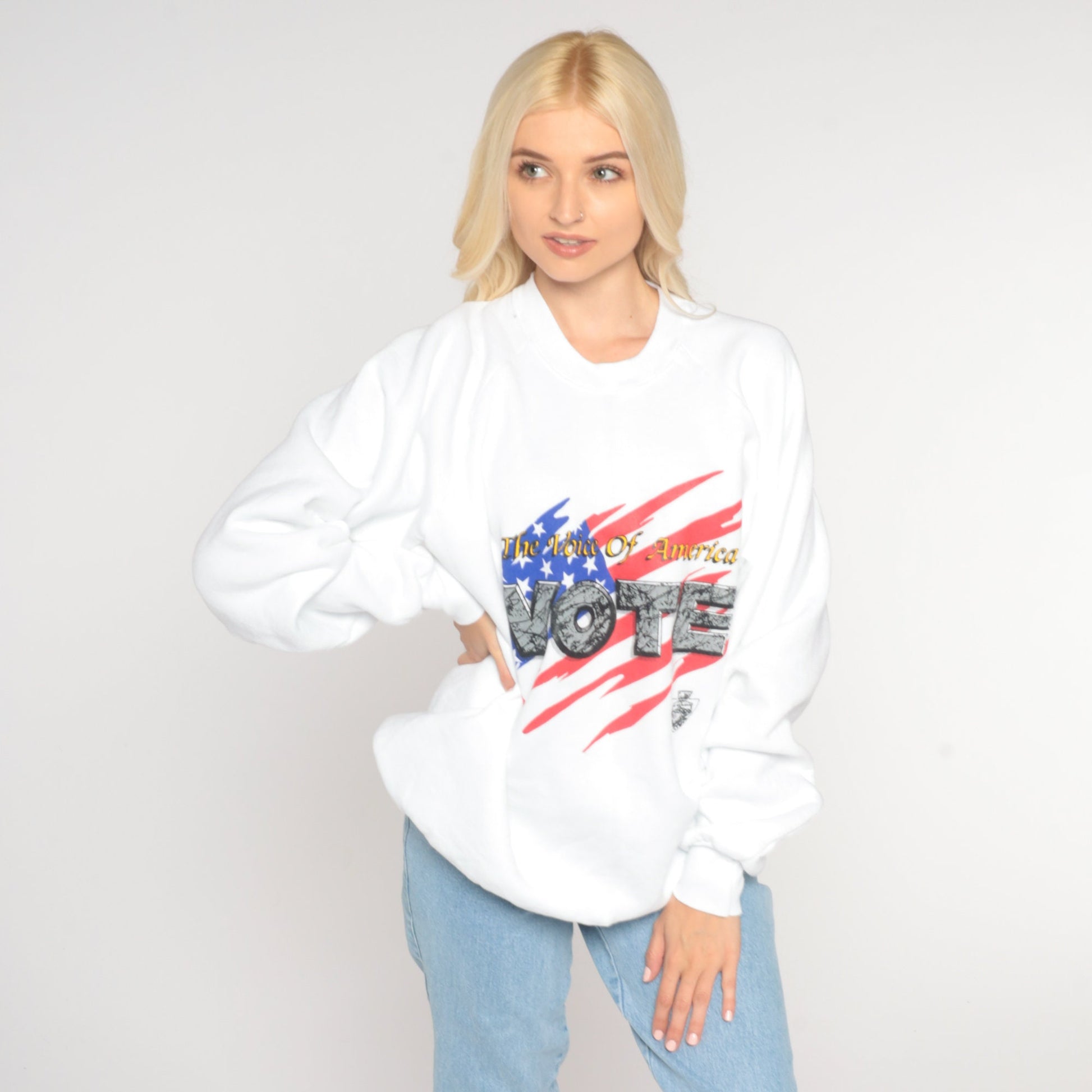 90s Voice of America Vote Sweatshirt Raglan Graphic Crewneck Extra Large