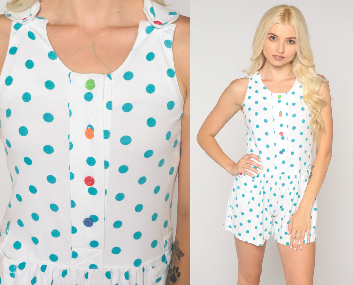 80s White Polka Dot Romper Sleeveless Playsuit Shorts Low Waist Extra Small