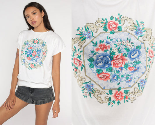 80s White Floral Print Short Sleeve Shirt Loose Fit Blouse Small S