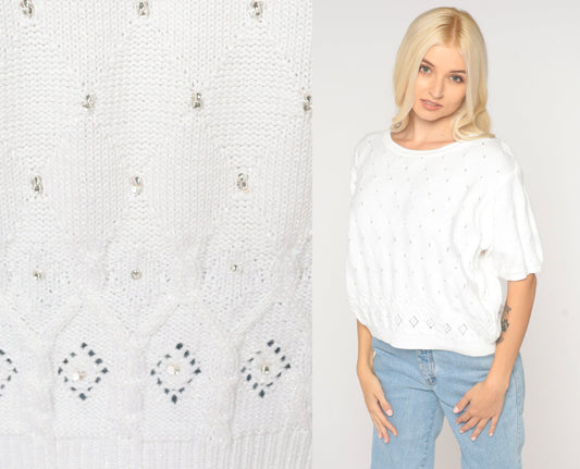 80s Liz Claiborne White Knit Blouse Beaded Cutout Short Sleeve Large L
