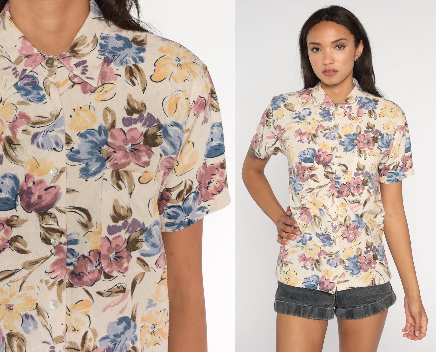 90s Silk Floral Button-Up Shirt Short Sleeve Botanical Beige Blue Yellow Small