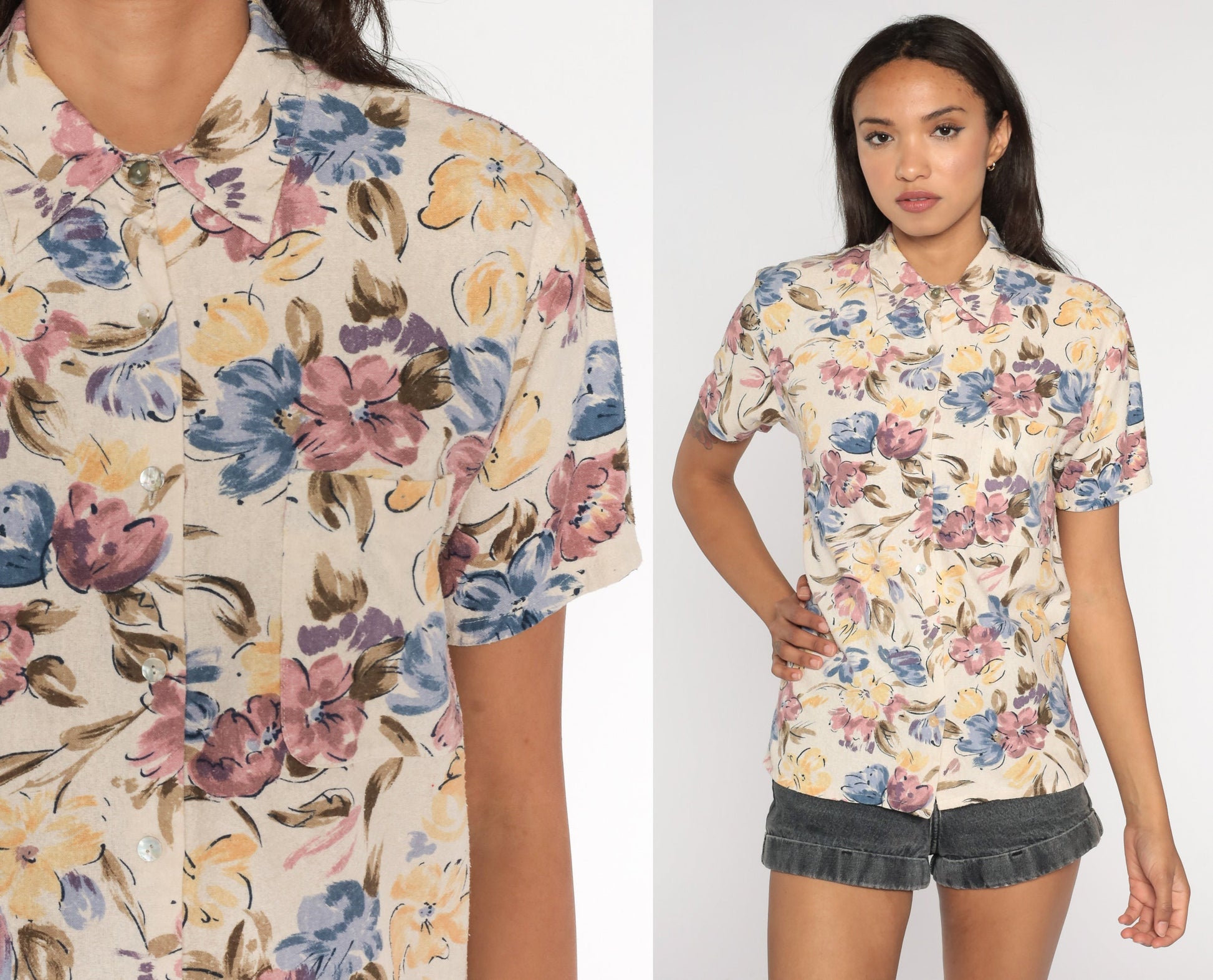 90s Silk Floral Button-Up Shirt Short Sleeve Botanical Beige Blue Yellow Small