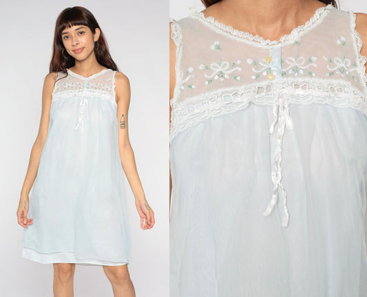70s Baby Blue Nylon Nightgown Embroidered Lace Bib Mini Slip Dress Small