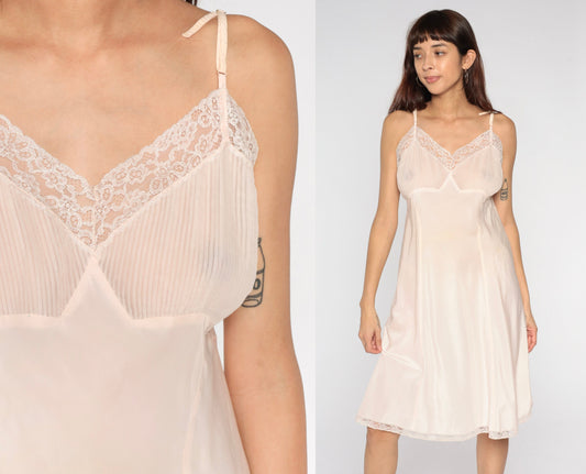 Barbizon Slip Dress 50s Blush Pink Sheer Lace Trim Empire Waist Large L