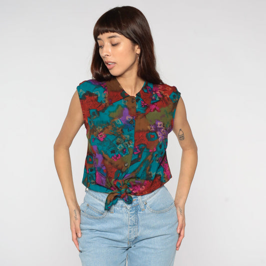 90s Abstract Print Tie Front Crop Top Rayon Button Up Collared Medium