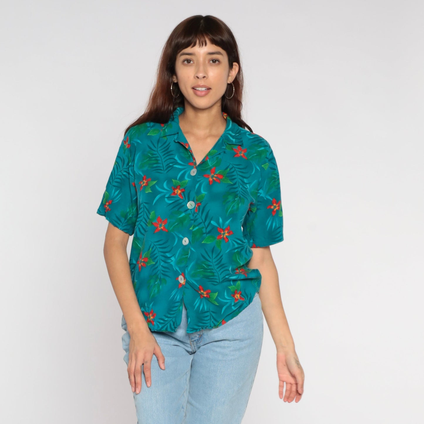 90s Tropical Floral Button-Up Blouse Teal Leaf Print Short Sleeve Small