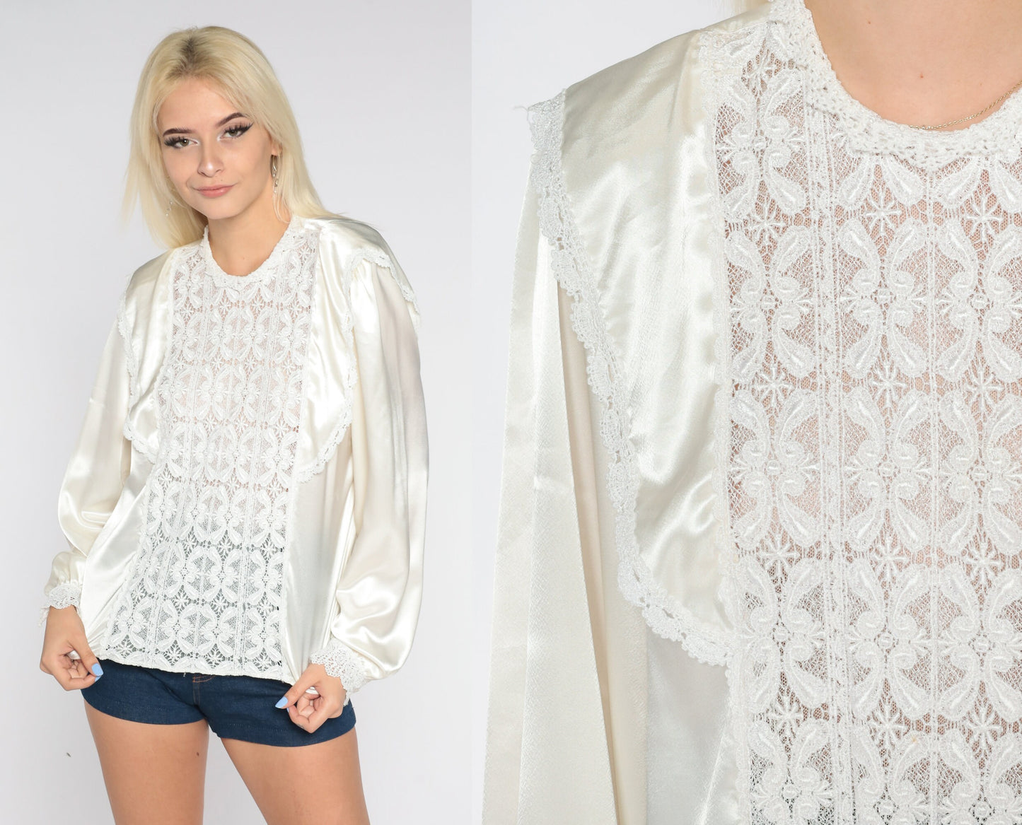 70s Sonya Ratay Cream Satin Blouse Lace Ruffled Long Sleeve Large L