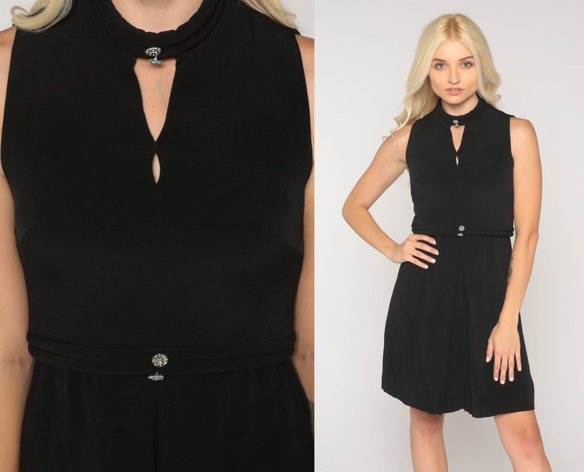 60s Mod Mini Dress Black Keyhole Shift Space Age Sleeveless Extra Small