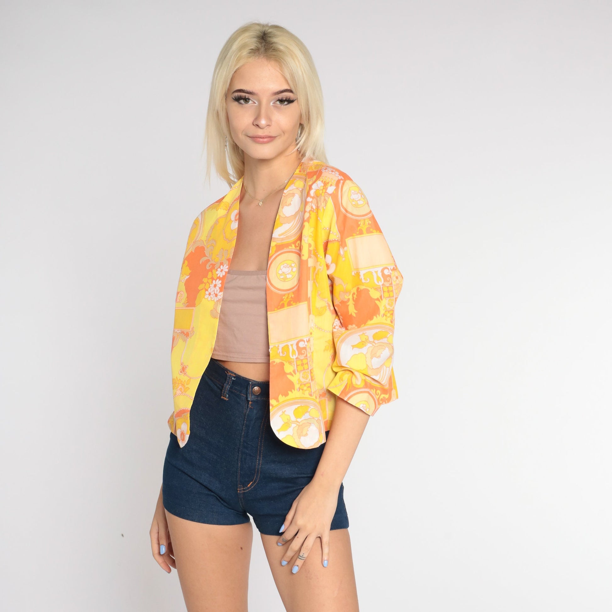 70s Floral Blazer Yellow Orange Flower Print 3/4 Sleeve Jacket Medium M