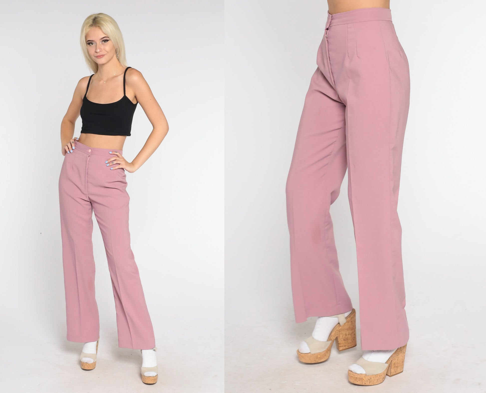 70s Mauve Pink High-Waisted Bell Bottom Pants Small