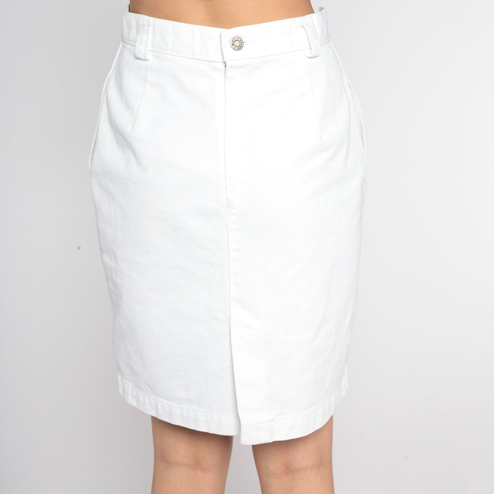 90s Calvin Klein White Denim Mini Skirt High Waisted Pencil Small S