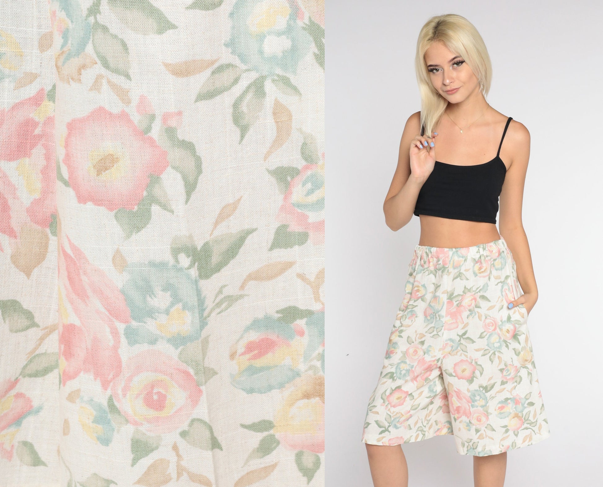 90s Floral Culotte Shorts White Linen Blend High Waist Wide Leg Medium