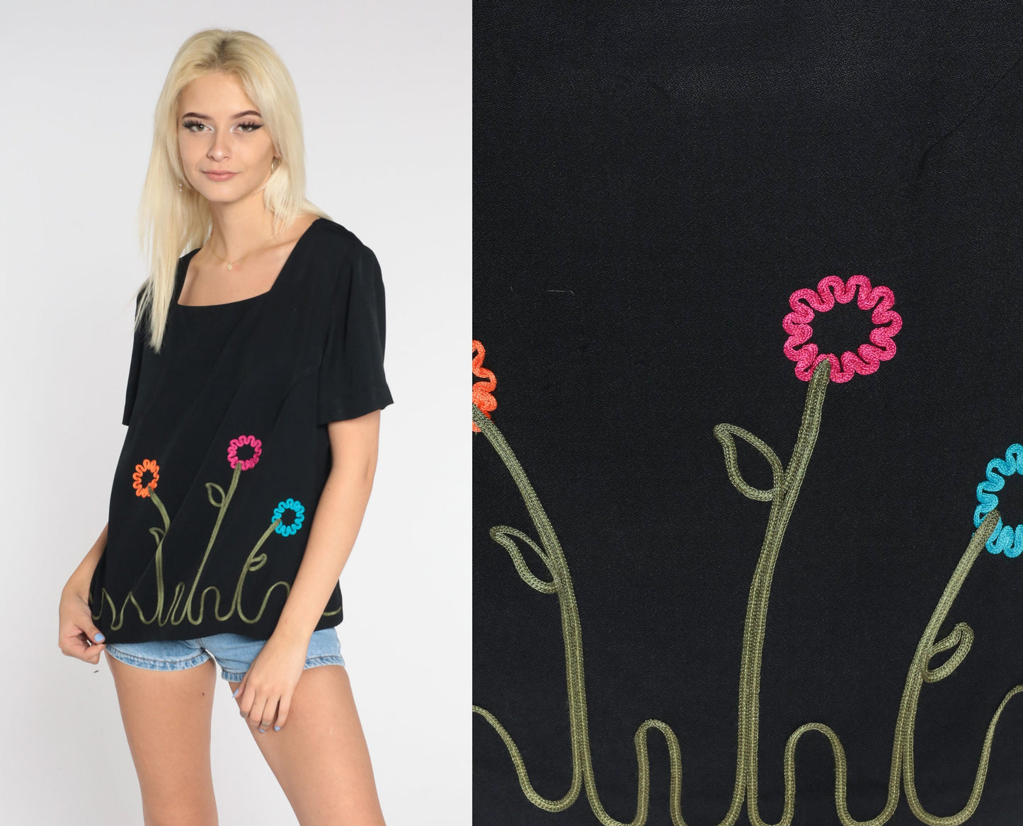 90s Black Floral Embroidered Blouse Short Sleeve Square Neck Vintage Large L