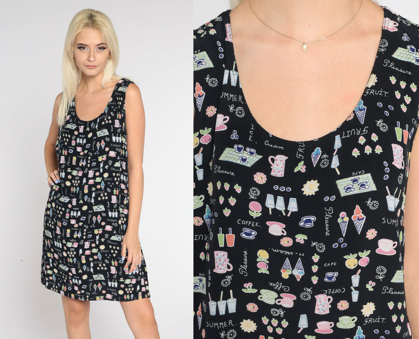 90s Black Mini Tank Dress Food Print Sleeveless Sundress Medium M
