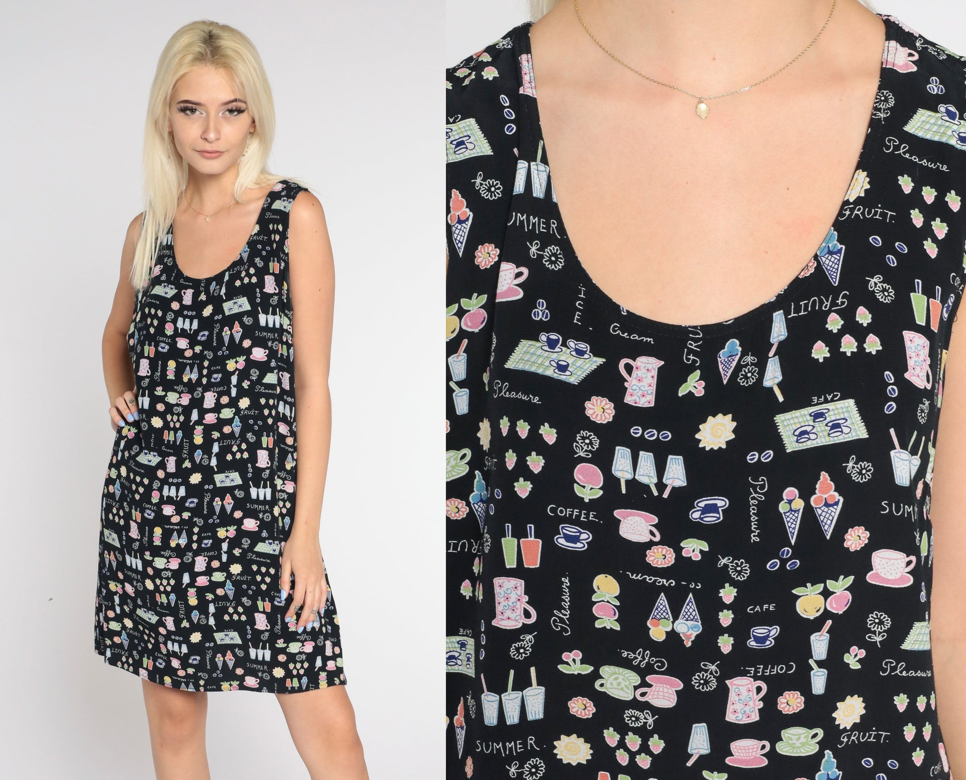 90s Black Mini Tank Dress Food Print Sleeveless Sundress Medium M