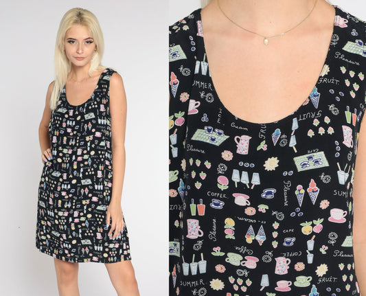 90s Black Mini Tank Dress Food Print Sleeveless Sundress Medium M