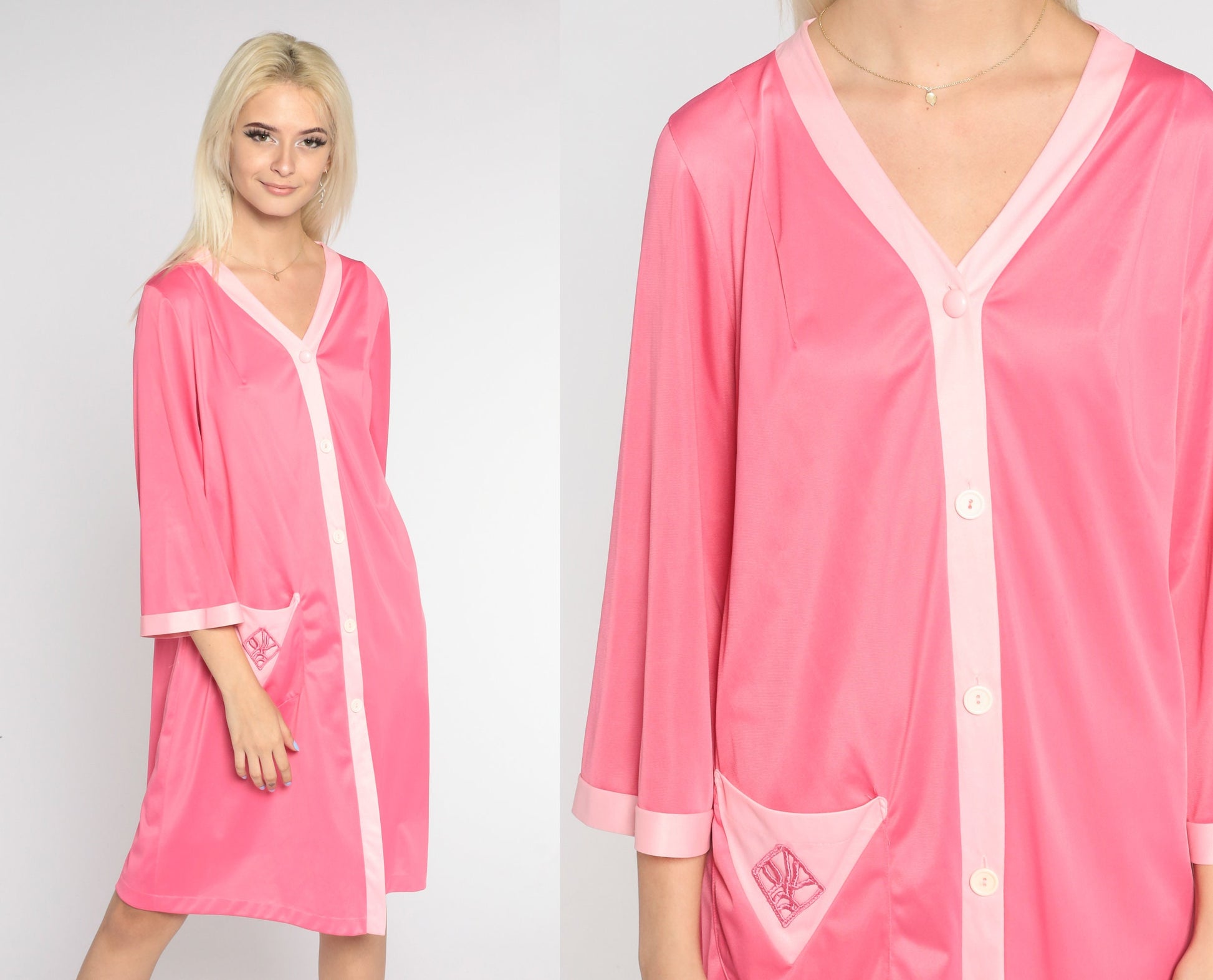 70s Pink Nylon Pajama Dress Embroidered Pocket Button-Up Nightgown Medium Large
