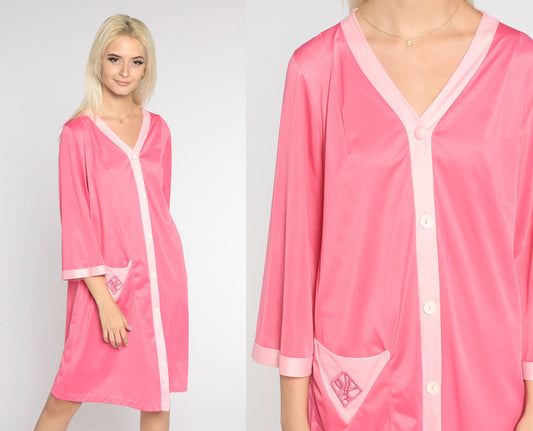 70s Pink Nylon Pajama Dress Embroidered Pocket Button-Up Nightgown Medium Large