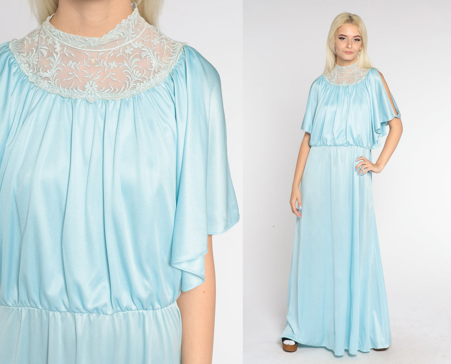 70s Blue Maxi Dress Grecian High Neck Embroidered Lace Split Sleeve Large