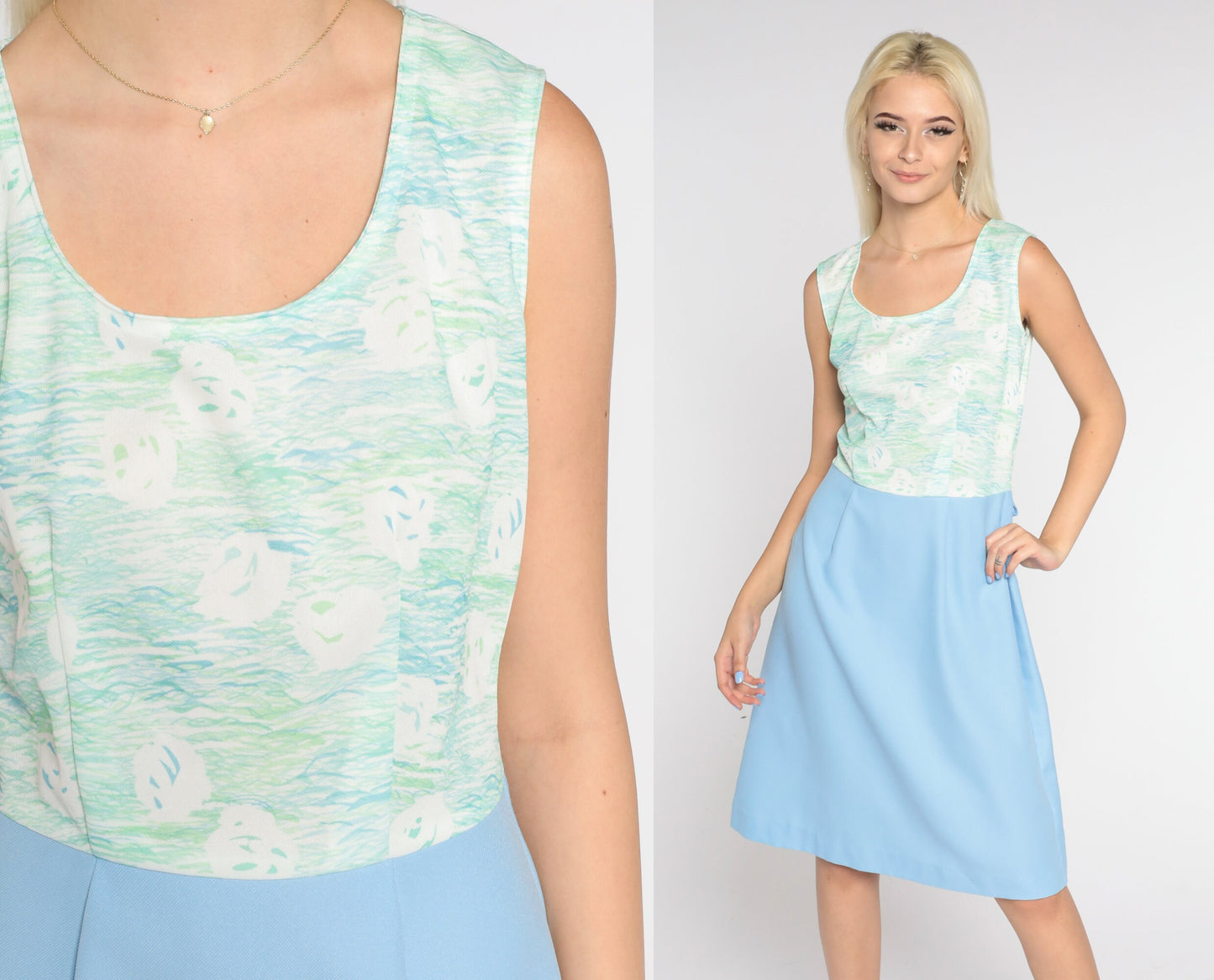 70s Watercolor Mini Dress Blue Green Sleeveless High Waist Small