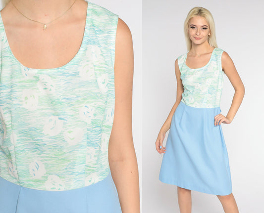 70s Watercolor Mini Dress Blue Green Sleeveless High Waist Small