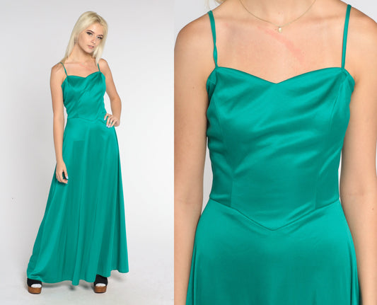 70s Green Maxi Dress Sweetheart Neckline Basque Waist Sleeveless Small S