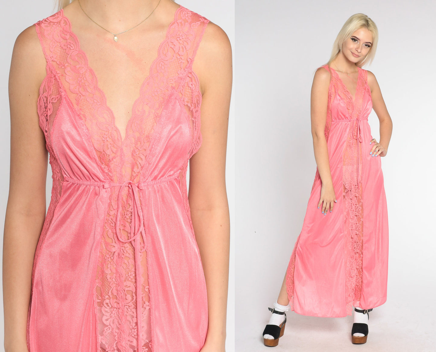 70s Bright Pink Sheer Floral Lace Nightgown Maxi Empire Waist Small