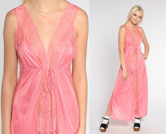 70s Bright Pink Sheer Floral Lace Nightgown Maxi Empire Waist Small