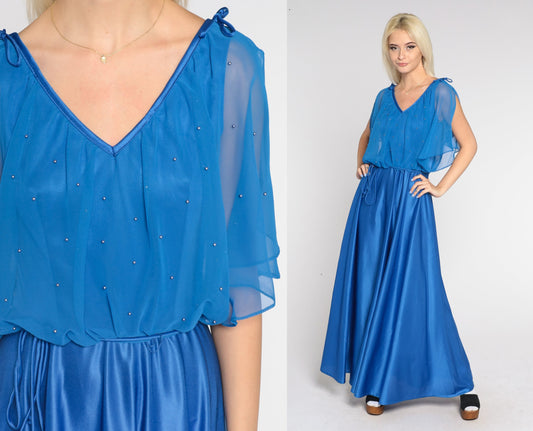 70s Royal Blue Grecian Maxi Dress V-Neck Beaded Capelet High Waist Small