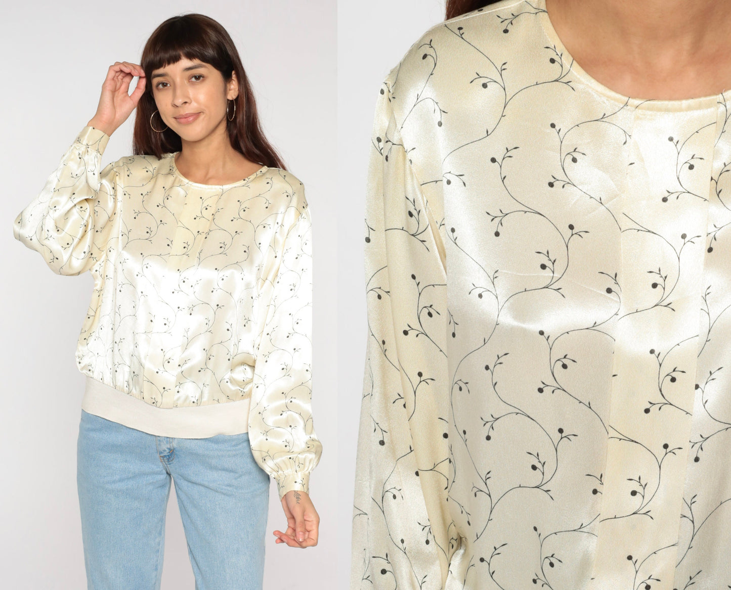 90s Cream Floral Shiny Blouse Long Sleeve Pullover Banded Hem Medium M