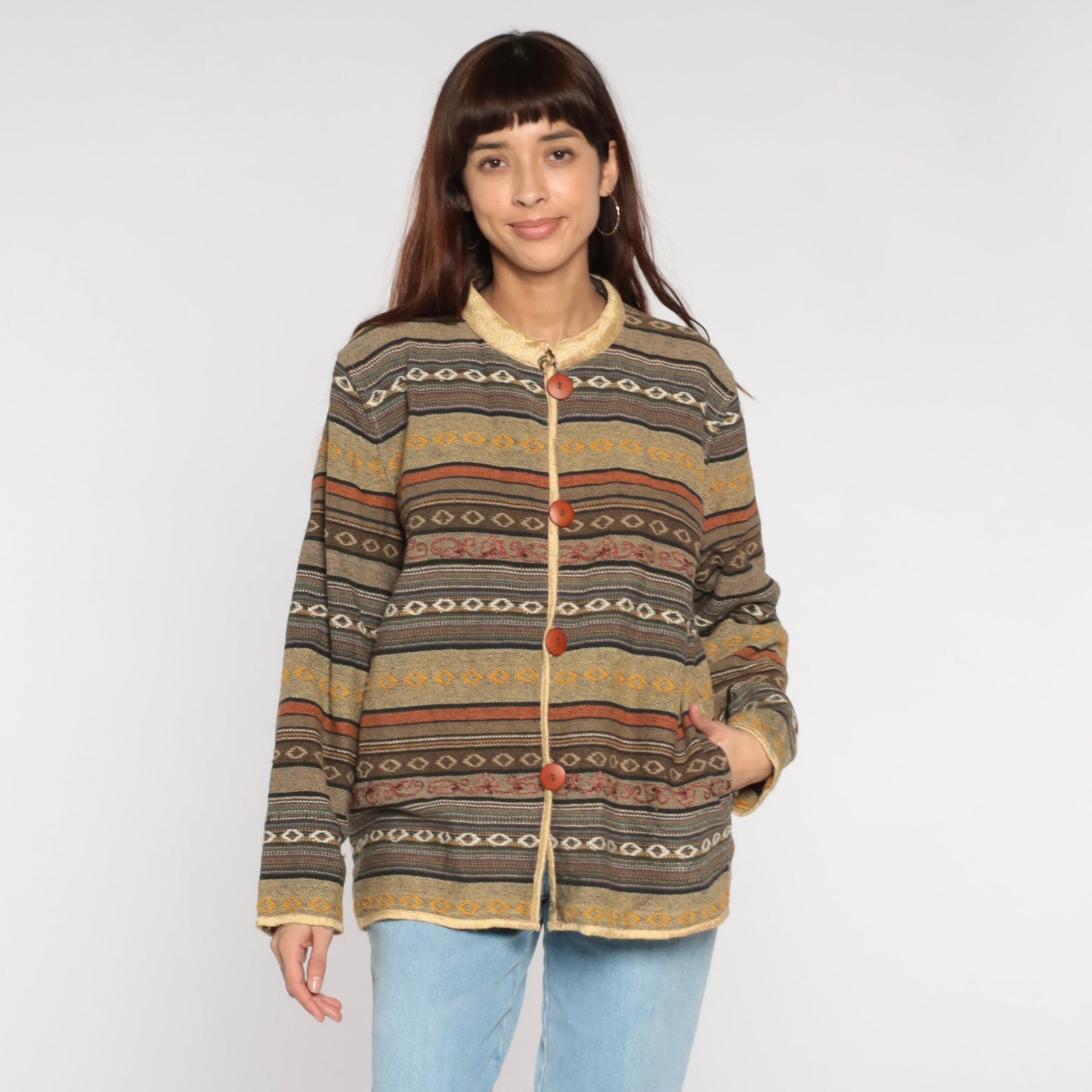 Y2K Striped Tapestry Button Jacket Floral Collar Cotton Neutral Extra Large XXL