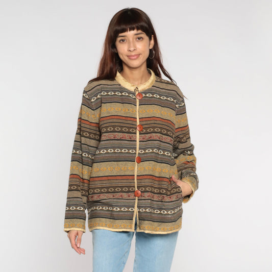Y2K Striped Tapestry Button Jacket Floral Collar Cotton Neutral Extra Large XXL