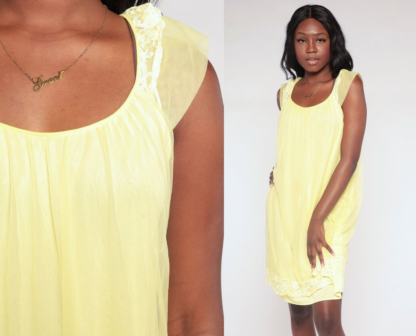 70s Yellow Nylon Nightgown Lace Cap Sleeve Mini Tent Cut Medium