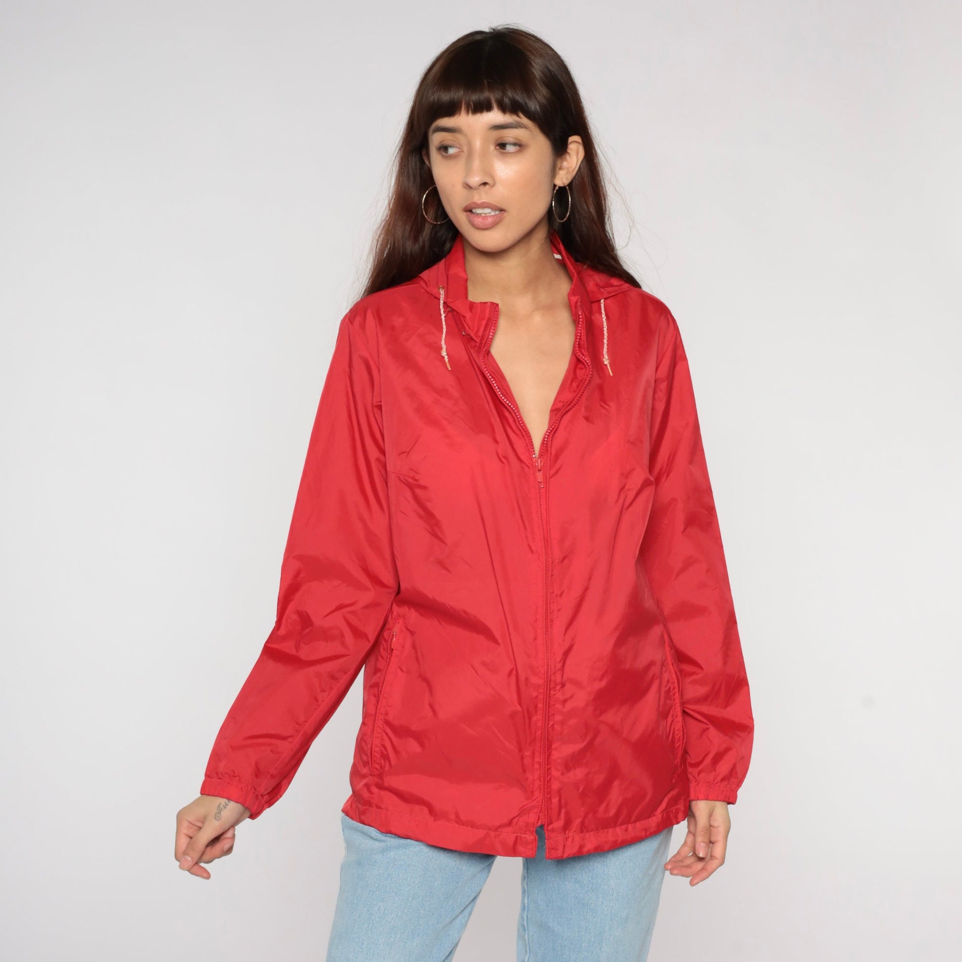 80s LL Bean Red Hooded Windbreaker Nylon Zip Jacket Small