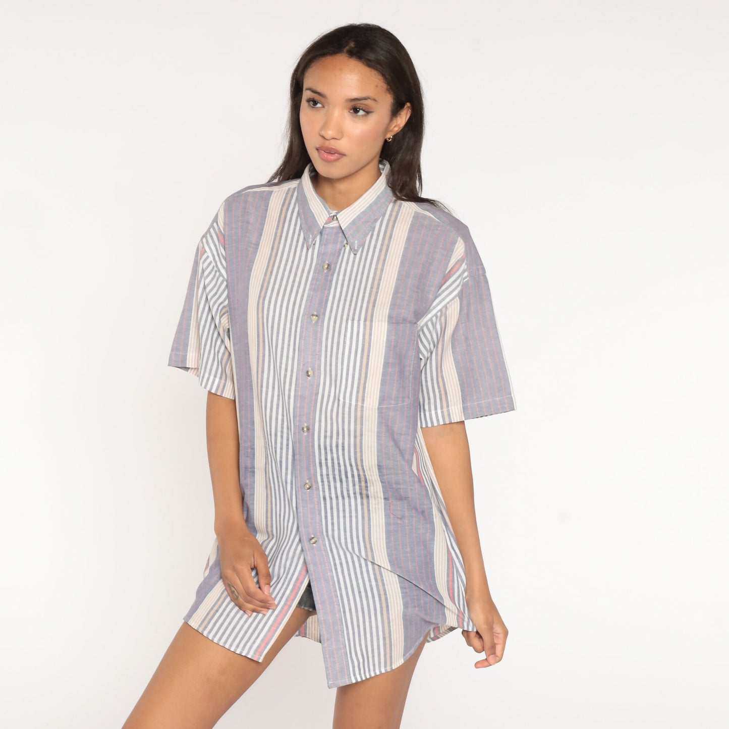 90s Blue White Striped Cotton Button-Up Shirt Chest Pocket Men's Large