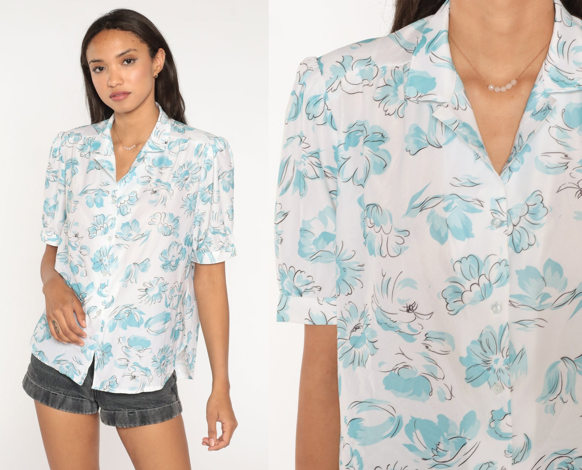 80s Floral Puff Sleeve Button-Up Blouse White Watercolor Print Large L