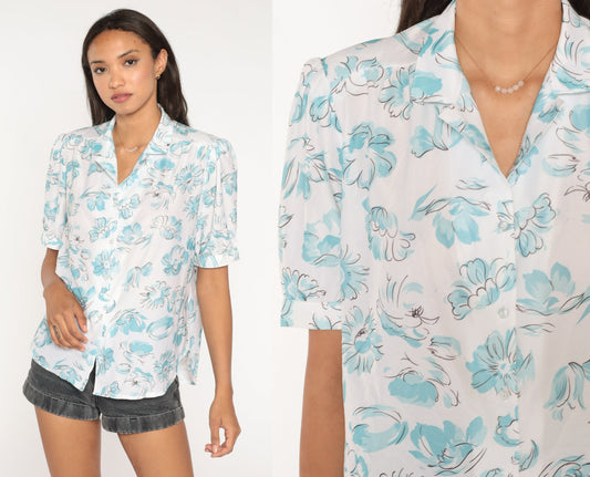 80s Floral Puff Sleeve Button-Up Blouse White Watercolor Print Large L