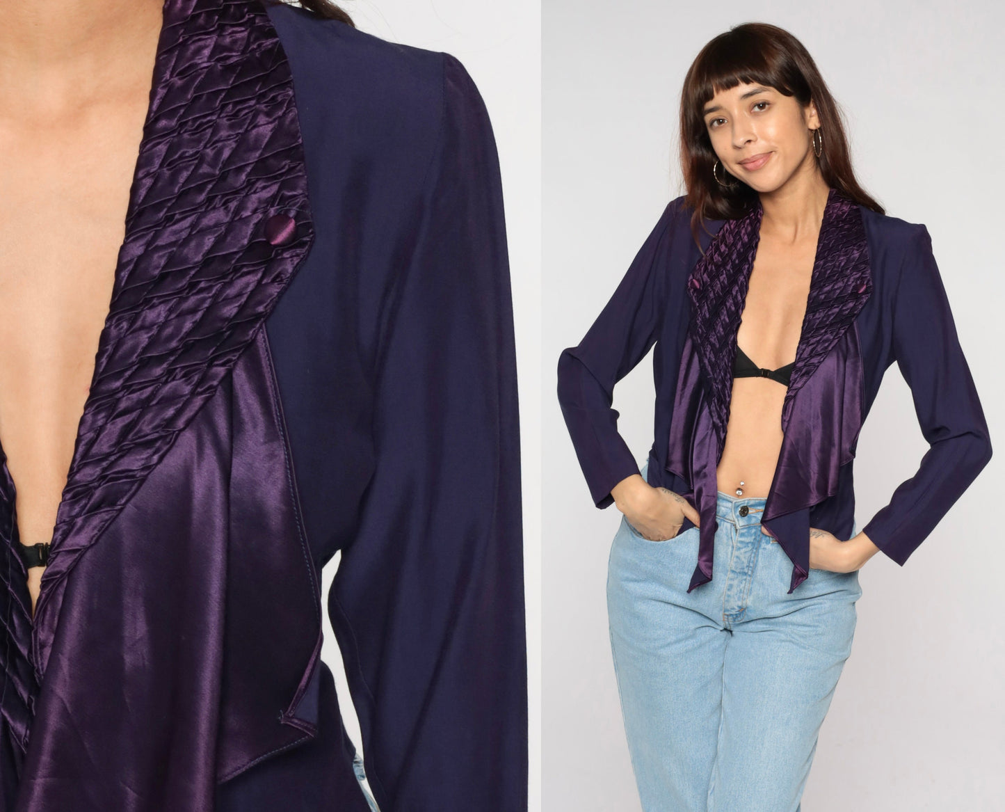 90s Purple Cascade Ruffle Blazer Cropped Jacket Woven Chest Extra Small