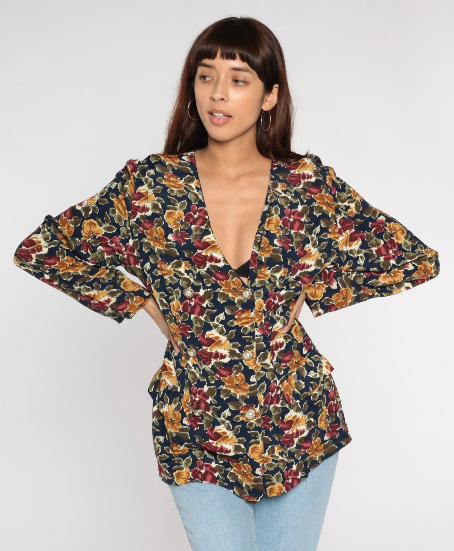 90s Floral Double Breasted Rayon Jacket Medium M