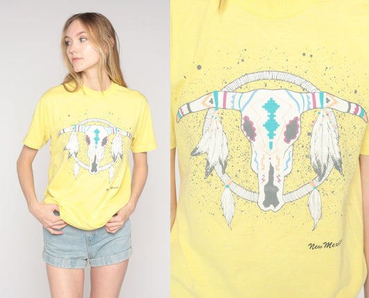 90s New Mexico Dreamcatcher Steer Skull Graphic Tee Yellow Medium