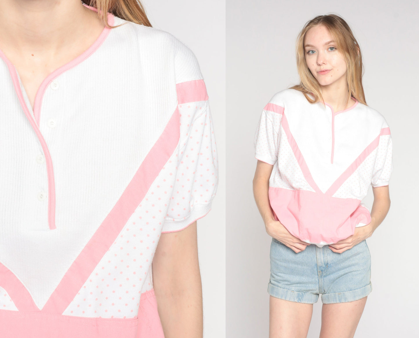 90s Henley Shirt White Pink Striped Polka Dot Short Sleeve Banded Hem Large L