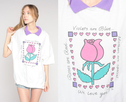 90s Mom Graphic T-Shirt Collared White Purple Rose Heart Tee Plus Size XXL