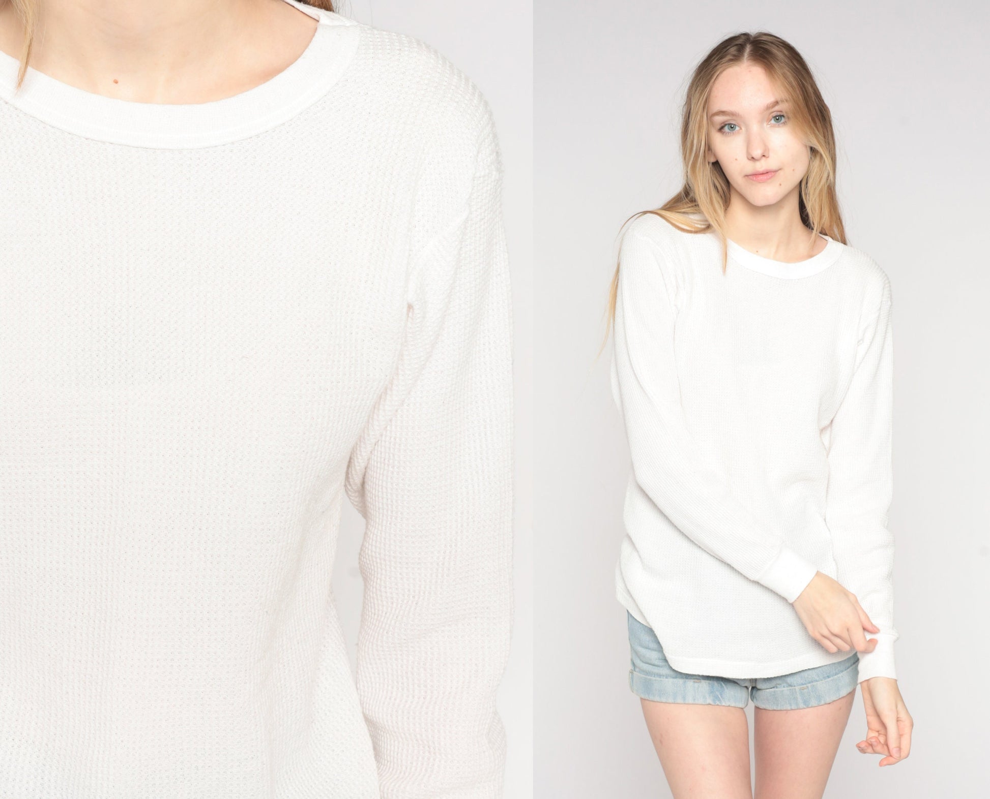 80s White Thermal Waffle Knit Long Sleeve Undershirt Large L