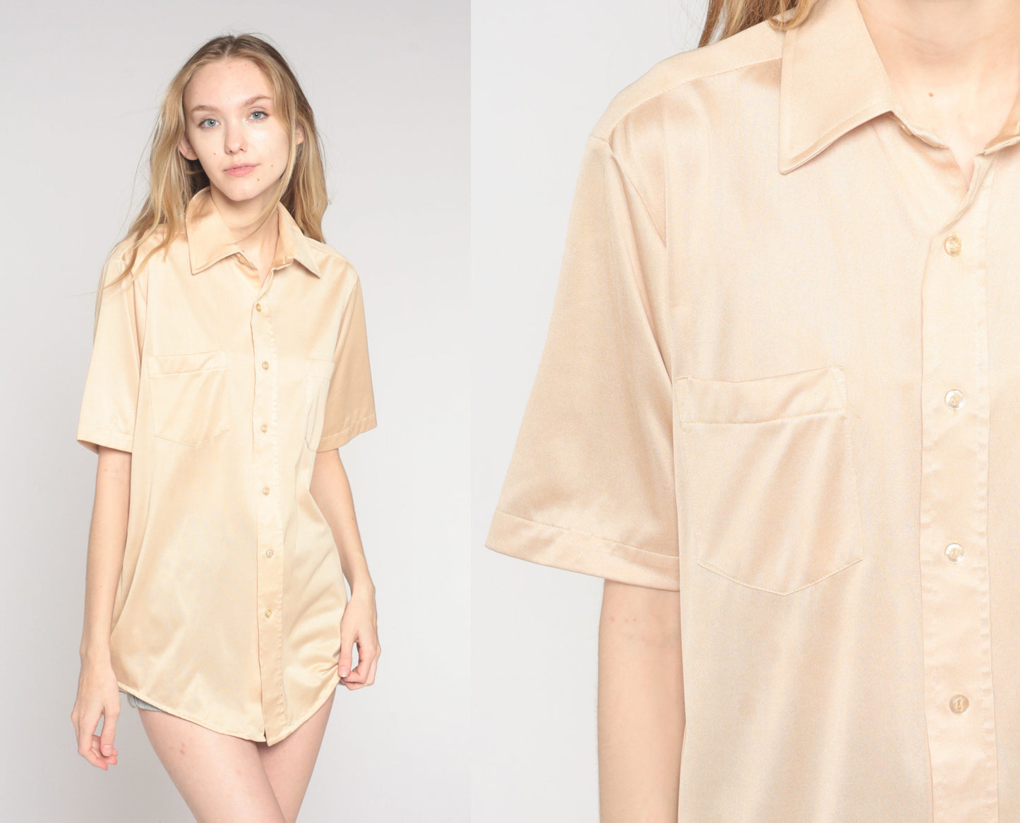 70s Champagne Button-Up Shirt Montgomery Ward Short Sleeve Collared Mens Small