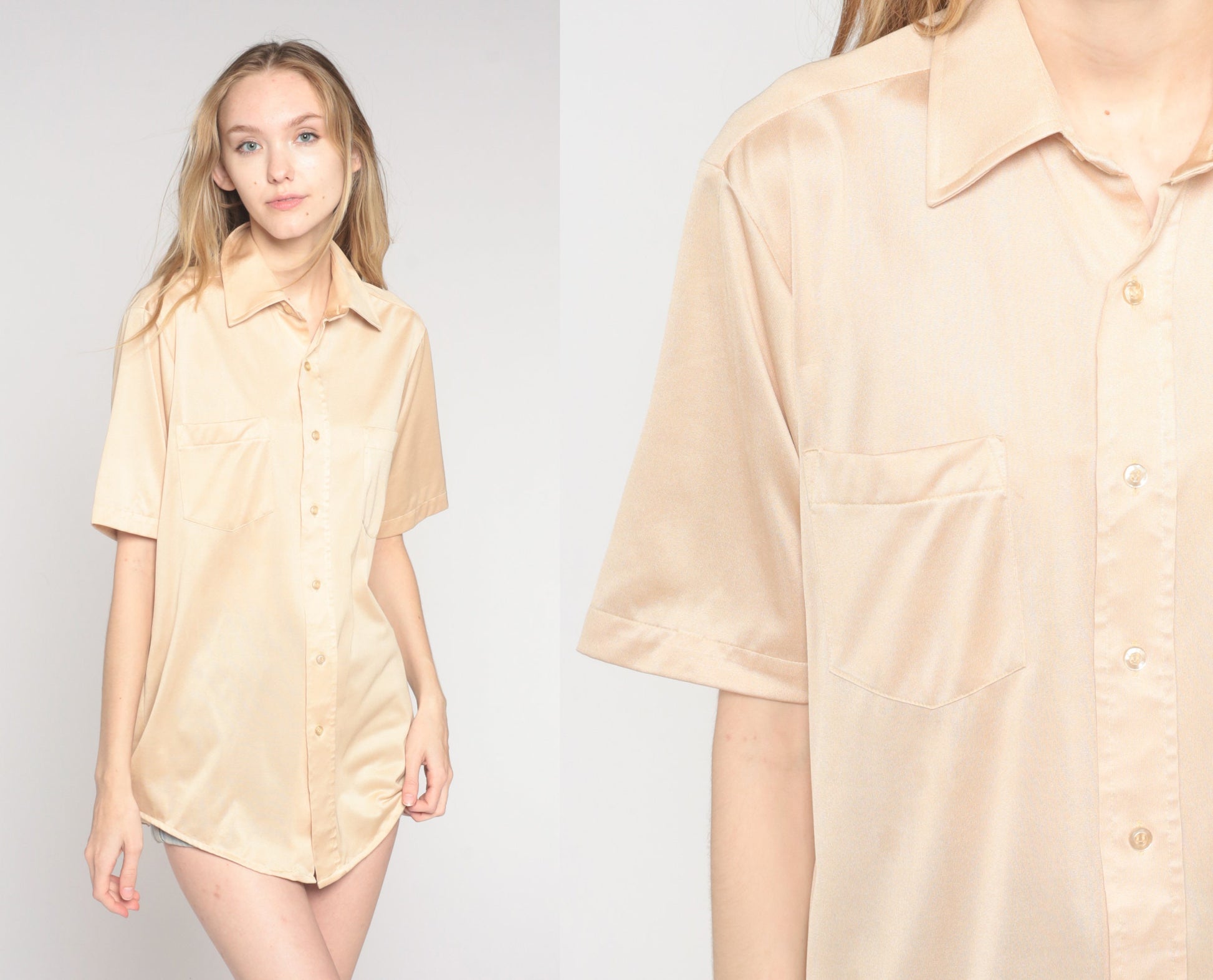 70s Champagne Button-Up Shirt Montgomery Ward Short Sleeve Collared Mens Small