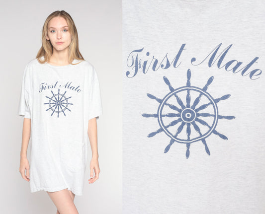 90s First Mate Nautical Graphic T-Shirt Dress Light Grey Cotton One Size