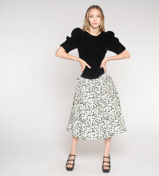 80s Black Velvet Vine Print Midi Dress Puff Sleeve Bow Scoop Back Small
