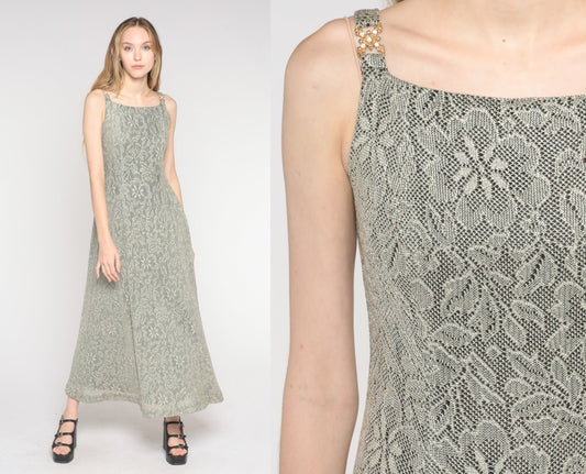 90s Metallic Floral Lace Maxi Dress Sleeveless Column Gown Small