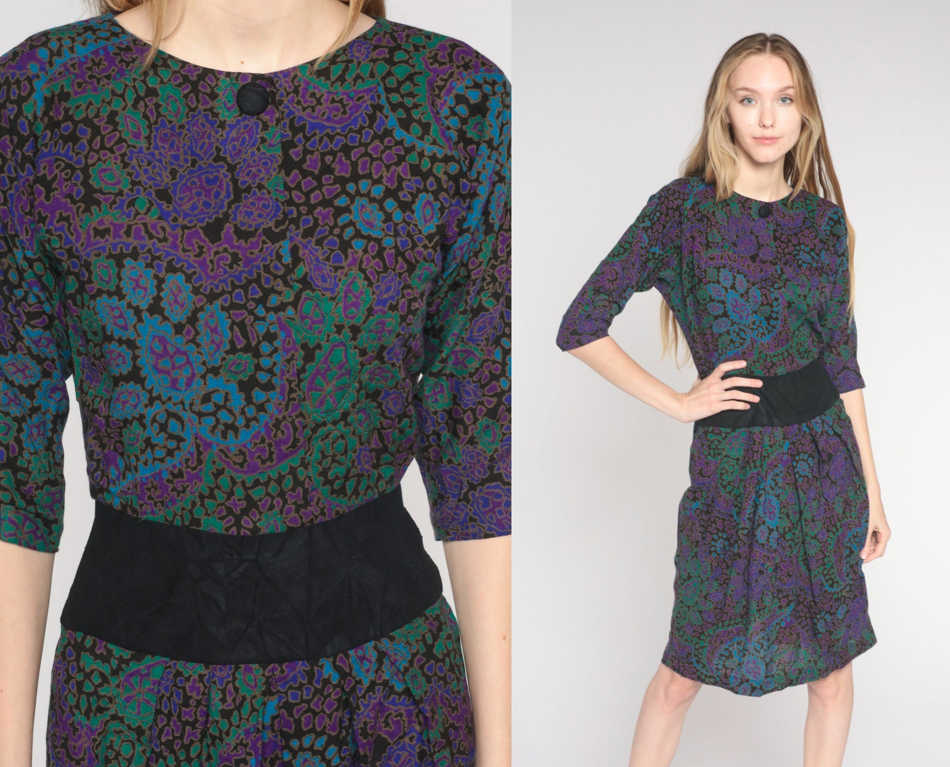 80s Paisley Shift Dress Black Purple Green Blue High Waist Knee Length Extra Small